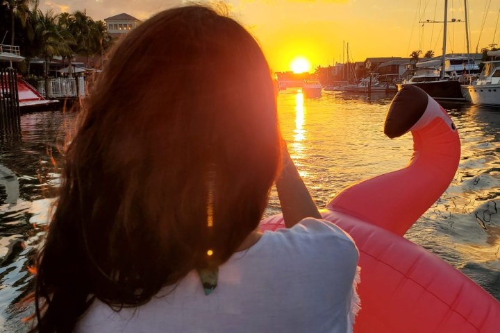 Person with long hair facing sunset on a boat, holding an inflatable flamingo.