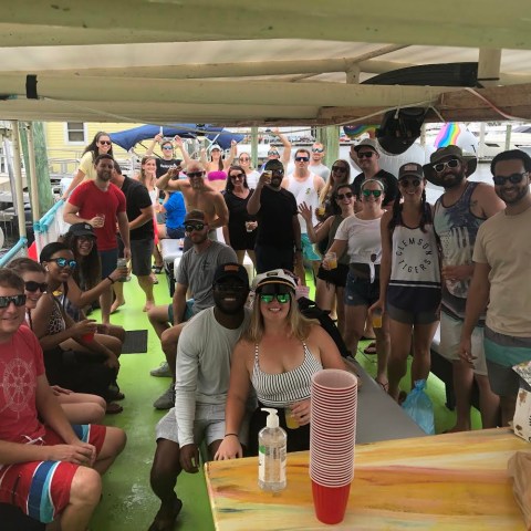 a group of people standing in front of a crowd