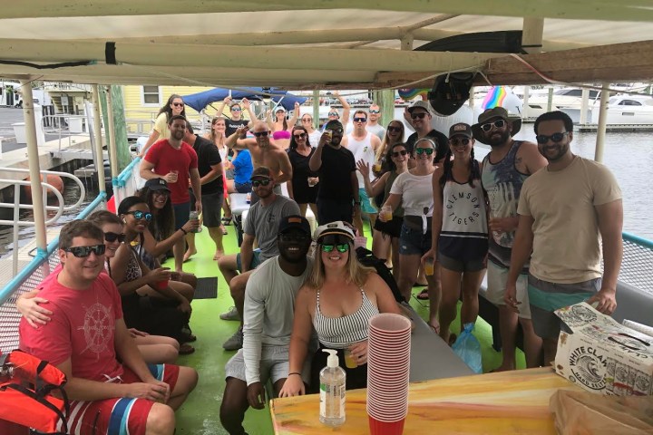 a group of people standing in front of a crowd