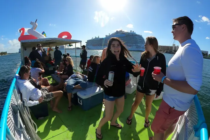 a group of people standing in front of a crowd