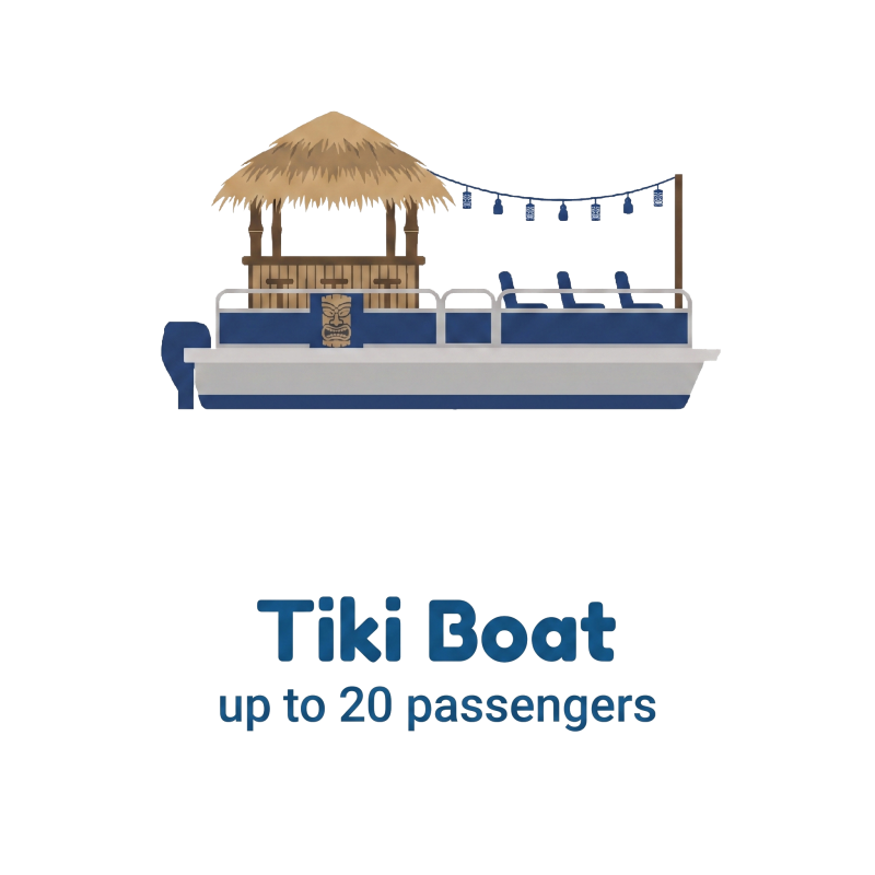 Illustration of a tiki boat with seating and string lights, labeled 'Tiki Boat, up to 20 passengers'.